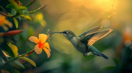 Hummingbird in flight with sunset and flower background