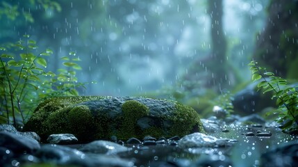 Fototapeta premium Top of the line CG, surreal photography.Wet moss on stones in a tranquil, rainy woodland. beautiful, romantic, and beautiful lighting. Blue sky, ultra-high definition, front view, Nikon photography,