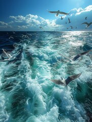 A group of seagulls flying over the ocean. The sky is blue and the water is choppy