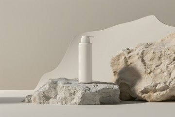Mockup of a soap dispenser bottle standing on a rock