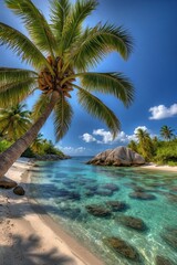 Fototapeta premium Tropical beach with palm tree and clear turquoise water