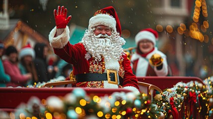 A Christmas parade featuring floats adorned with festive decorations, marching bands playing holiday music, and costumed characters waving to the crowd