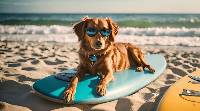 Hund mit Sonnenbrille liegt auf Surfbrett und treibt auf dem Meer