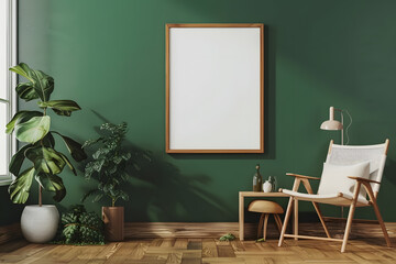 Mock up of a poster in scandinavian style interior with dark pastel green walls. Minimalist interior design