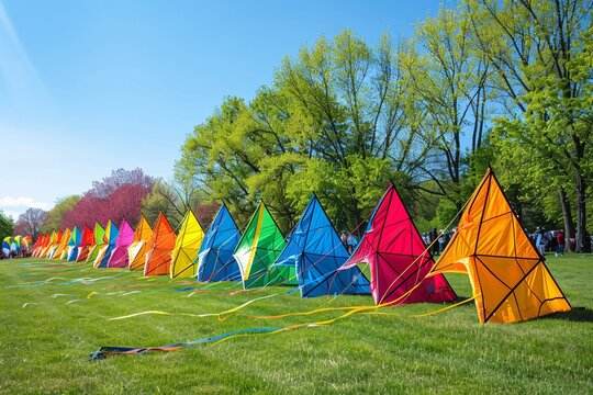 A colorful assortment of kites laid out on the grass, ready to be flown, with festival-goers preparing their kites and the anticipation palpable in the air