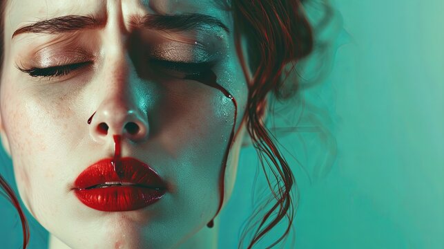 A young woman with closed eyes, tears streaming down her face, blood smeared across her cheeks, and red lipstick running, expressing deep sadness. Generative AI