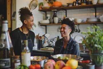 A relaxed LGBTQ+ couple talking and laughing while preparing a meal, setting the table and arranging plates