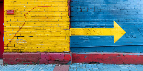 A blue door is in between a yellow brick wall with a red cross and a yellow arrow pointing to the left