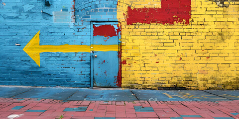Blue Door on Yellow Brick Wall with Red Cross and Yellow Arrow