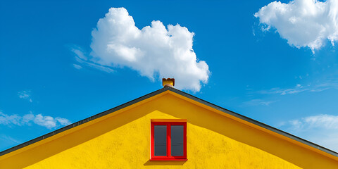 Vibrant Yellow House with Red Window Under a Bright Blue Sky