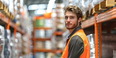 Confident warehouse worker in highvisibility vest among stocked shelves showcasing efficiency. Concept Efficient Operations, Warehouse Organization, High Visibility Worker, Stocked Shelves