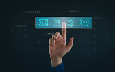  Businessman  touching on virtual screen with the email,  address, call phone, Chat message icons. Customer support hotline Contact us people connection.