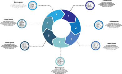 Collection of vector circle chart infographic templates for presentations, advertising, layouts, annual reports. 7 options, steps, parts