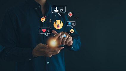 Social media and digital online concept, man using smart phone with Social media. The concept of living on vacation and playing social media. Social Distancing ,communication.