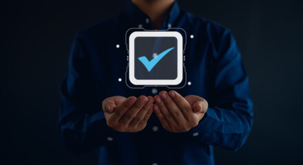 Hand shows the sign of the top service Quality assurance,satisfaction, service experience, ISO certification and standardization concept.