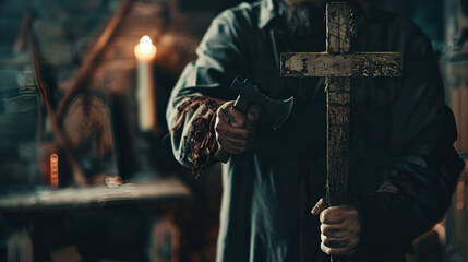 A man holds a wooden Christian cross in front of him, an ax in his other hand. The concept of casting out demons on Halloween.