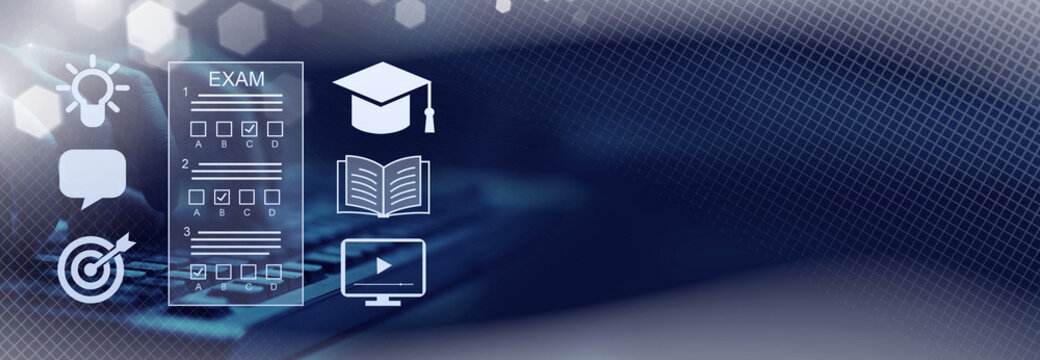  E-learning, education, online exam concept.Choose correct answer. Education internet online digital technology concept.