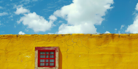 Vibrant Yellow House with Red Window Under a Bright Blue Sky