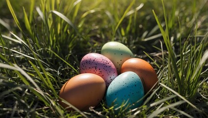 Easter eggs nestled in grass on a sunny spring day, perfect for Easter decoration