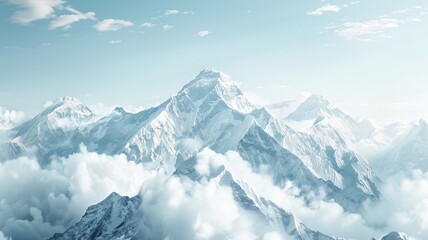 Snow-capped mountains towering above clouds under blue sky