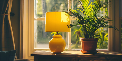 A vintage-style lamp with a yellow shade is on a wooden table