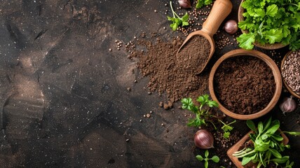 Flat lay of herbs, spices, and soil on dark textured background