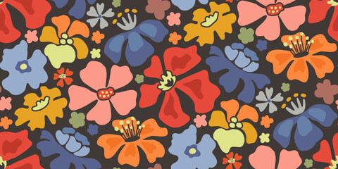 Vector summer seamless pattern with natural elements, flowers, leaves in modern trendy style.