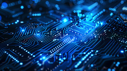 Blue circuit board background with glowing elements and digital technology concept