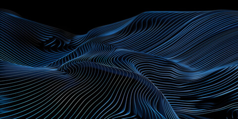 digital artwork featuring abstract blue waves on a black background waves are composed of wavy lines that appear to be made of smoke artwork has a dark yet vibrant feel 