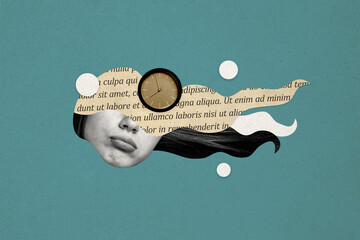 Composite photo collage of upset girl half face early morning alarm clock regime brunette hairdo...