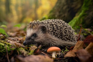 Fototapeta premium A hedgehog in natural woodland habitat, facing forward with green moss and Autumn leaves. Blurred background. Horizontal. Space for copy. Close up