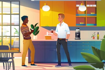 An LGBTQ+ worker engaged in a lively conversation with a coworker in a modern office break room, holding a coffee cup and leaning against a counter, with a kitchenette in the background