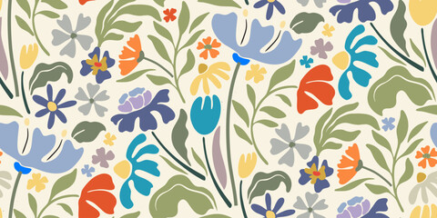 Vector summer seamless pattern with natural elements, flowers, leaves in modern trendy style.