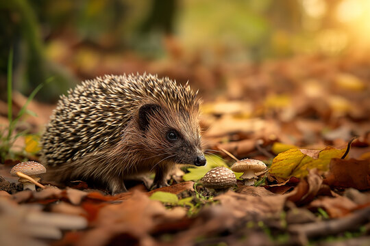 A hedgehog in natural woodland habitat, facing forward with green moss and Autumn leaves. Blurred background. Horizontal. Space for copy. Close up