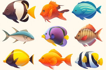 Naklejka premium Nine colorful tropical fish illustrations with various patterns and shapes