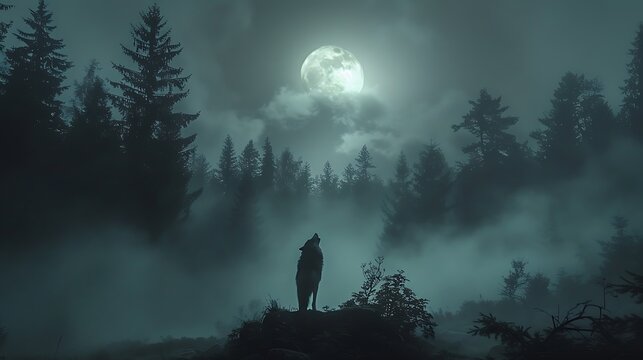 Roaming mistshrouded forests of the Pacific Northwest a solitary wolf howls beneath the light of the full moon its mournful cry echoing through the ancient trees