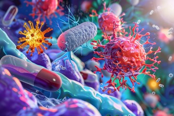 A cartoon drawing of an advanced therapy scene, showing a drug in 3D targeting and binding to a cancer cell, illustrated with vibrant colors and simplified shapes, front view