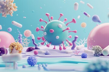 A front view of a flat design 3D model depicting a drug attacking a cancer cell, with detailed cartoon illustrations of the cell structure and drug mechanism, in a medical-themed color palette