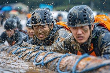 A dynamic obstacle course challenge at the Boryeong Mud Festival, with participants climbing, crawling, and sliding through muddy obstacles, showcasing teamwork and determination