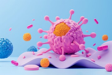 A front view of a flat design 3D model depicting a drug attacking a cancer cell, with detailed cartoon illustrations of the cell structure and drug mechanism, in a medical-themed color palette