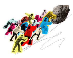 Contemporary art collage. Overcoming challenges. People in vibrant color blocks working together to...