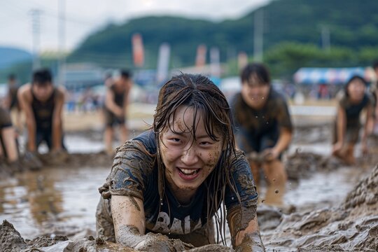 A dynamic obstacle course challenge at the Boryeong Mud Festival, with participants climbing, crawling, and sliding through muddy obstacles, showcasing teamwork and determination