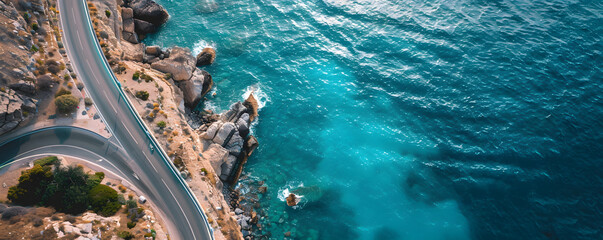 Coastal road aerial view with turquoise sea
