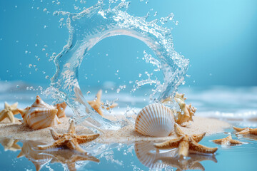 World Ocean Day, with splashing water forming a circle representing the Earth, set against a serene light blue background, adorned with a sea star and delicate seashells nestled in beach sand.