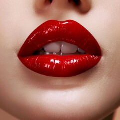 A detailed view of a womans lips adorned with red lipstick.