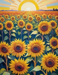 A lush illustration of a vast field of sunflowers under a bright sunrise, symbolizing growth and positivity.