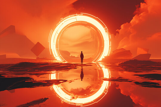 Silhouette of a man facing a large glowing circular portal under a fiery red-orange sky