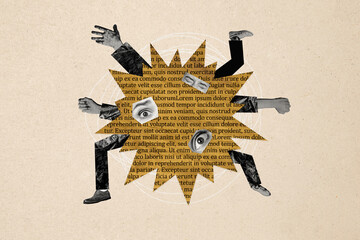 Composite photo collage of human conflict fight parts body legs hands eyes harassment pressure fist...