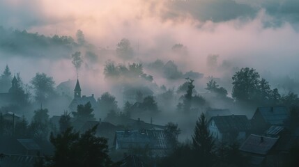 Mysterious foggy village in the mountains for travel and nature themed designs