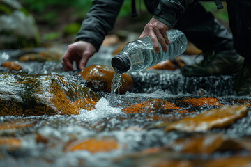 A hiker filling a reusable water bottle from a pristine mountain stream, with clear water flowing over smooth stones.